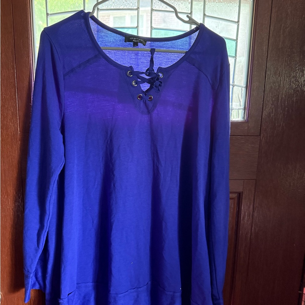 Spense Blue Blouse with Long Sleeves and V-Neck